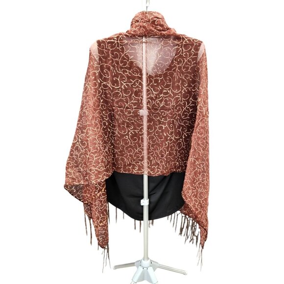 Elegant Brown Sheer Floral Scarf With Fringe Wrap Shawl Oversized 42"x82" - Picture 2 of 13